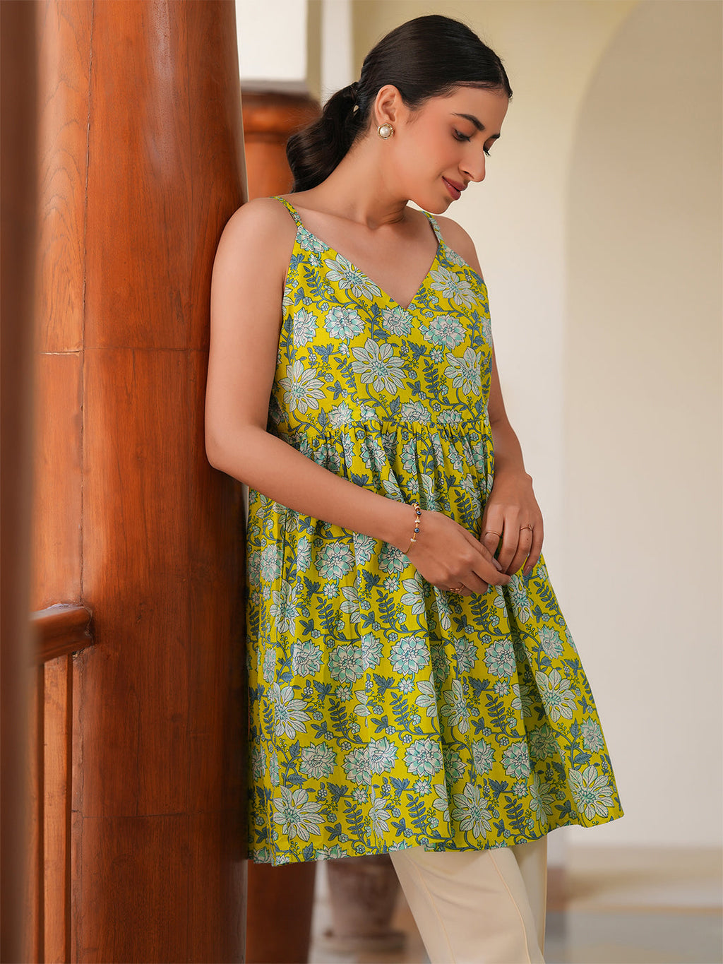 Lime Pure Cotton Floral Printed A-Line Tunic