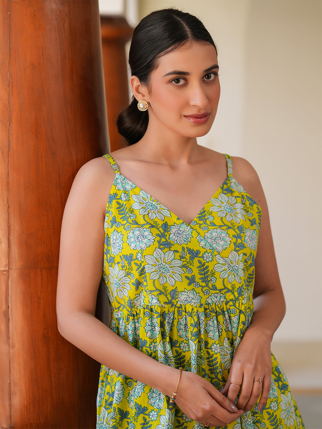 Lime Pure Cotton Floral Printed A-Line Tunic - qivii