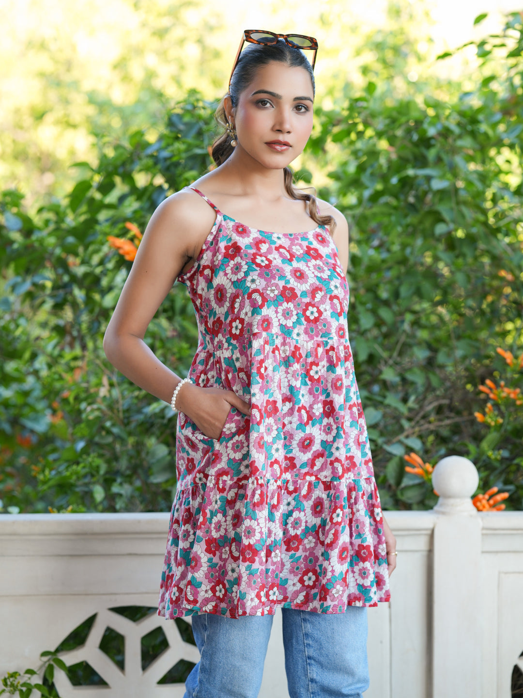 Pink Pure Cotton Floral Printed Tiered Tunic - qivii