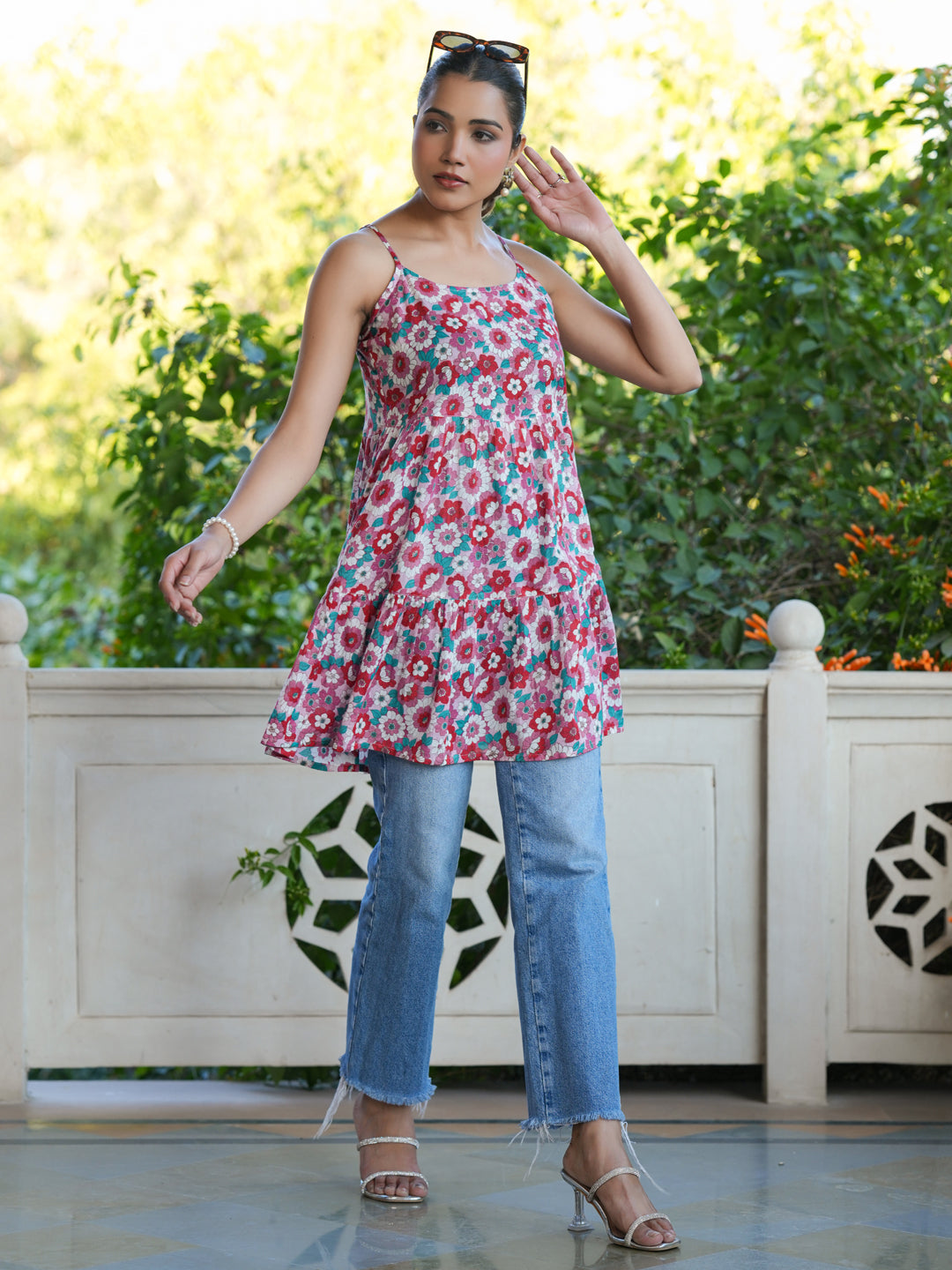 Pink Pure Cotton Floral Printed Tiered Tunic - qivii