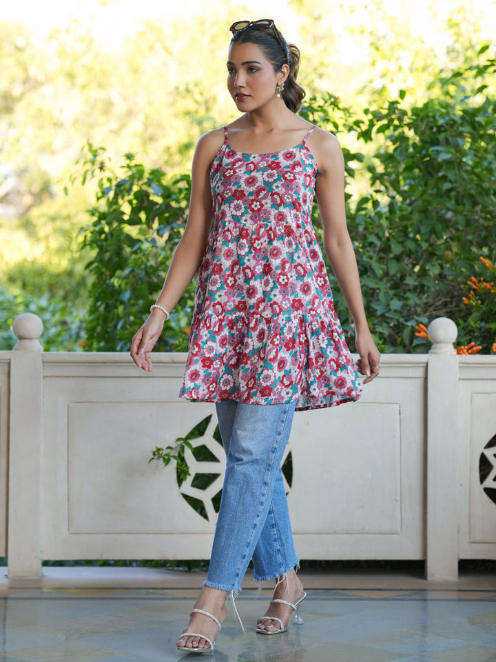 Pink Pure Cotton Floral Printed Tiered Tunic - qivii