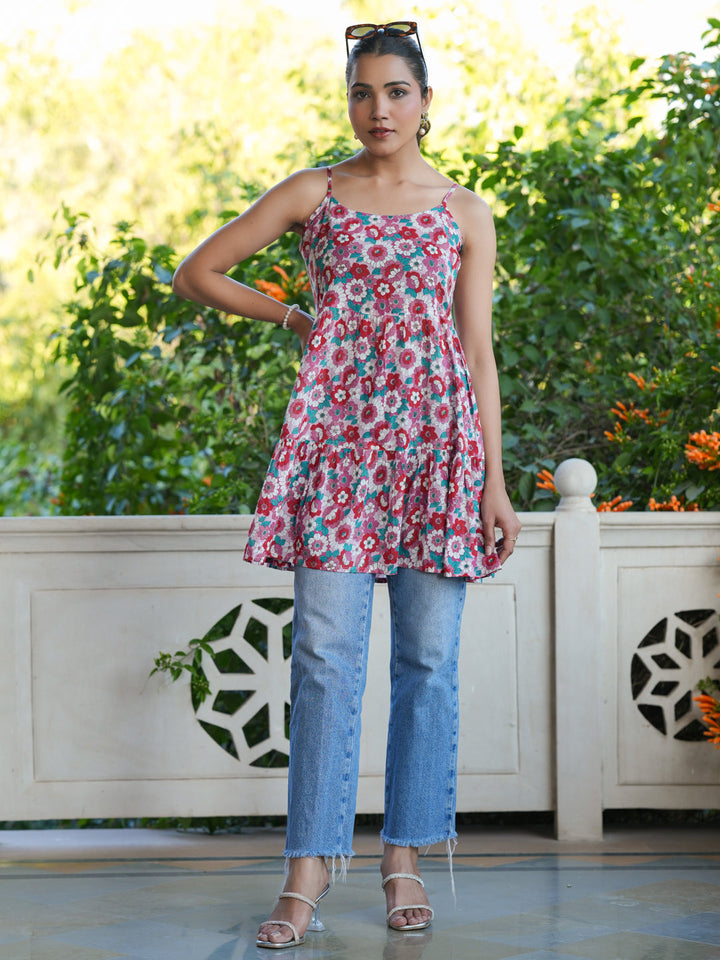 Pink Pure Cotton Floral Printed Tiered Tunic - qivii