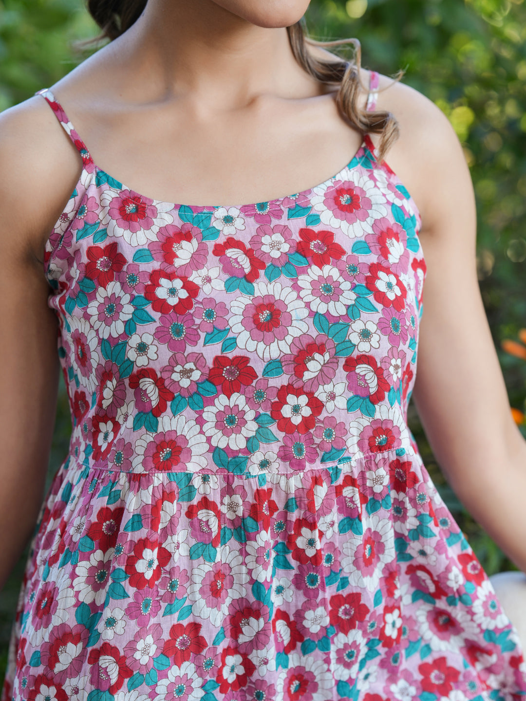 Pink Pure Cotton Floral Printed Tiered Tunic - qivii