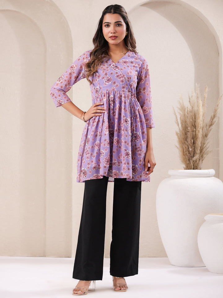 Lavender Georgette Floral Printed A-Line Tunic - qivii