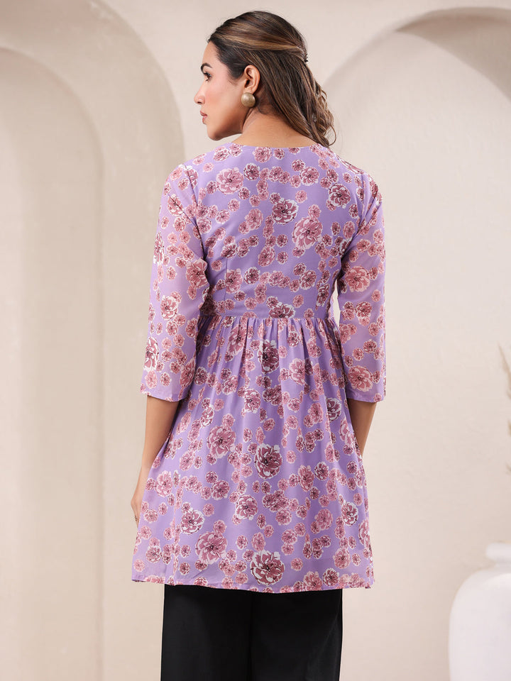 Lavender Georgette Floral Printed A-Line Tunic - qivii