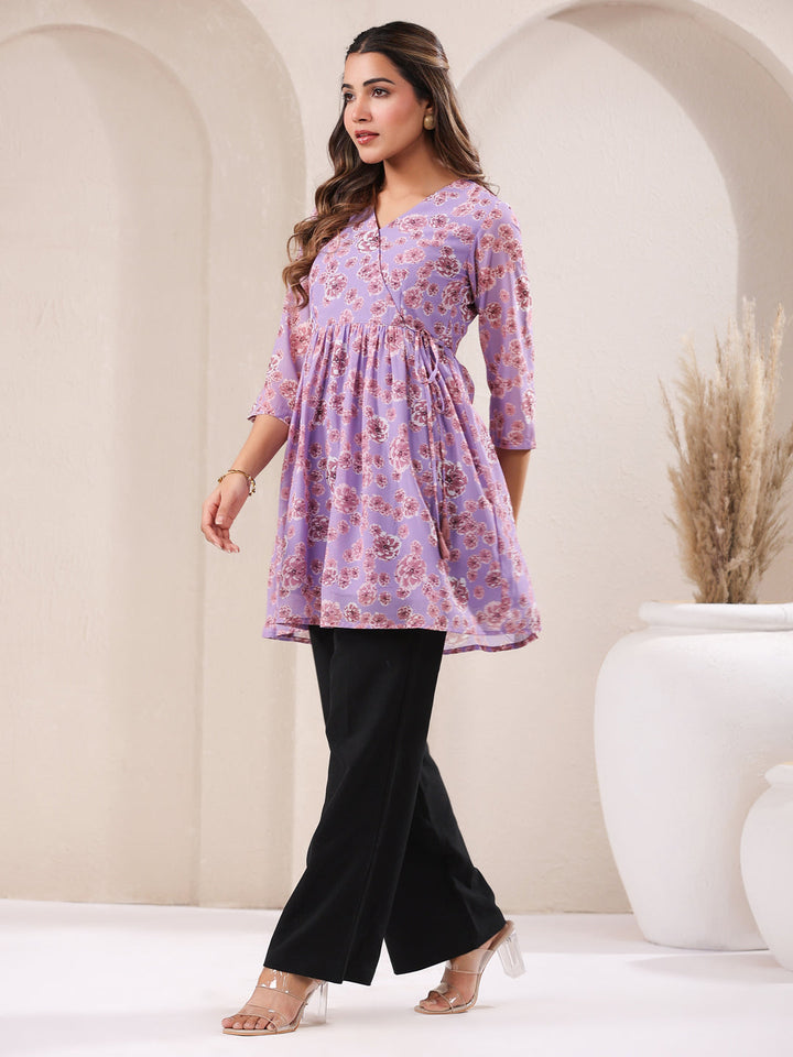Lavender Georgette Floral Printed A-Line Tunic - qivii