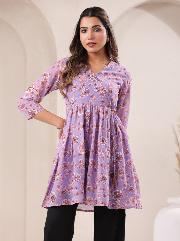 Lavender Georgette Floral Printed A-Line Tunic - qivii