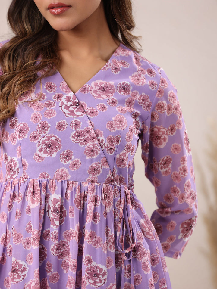 Lavender Georgette Floral Printed A-Line Tunic - qivii