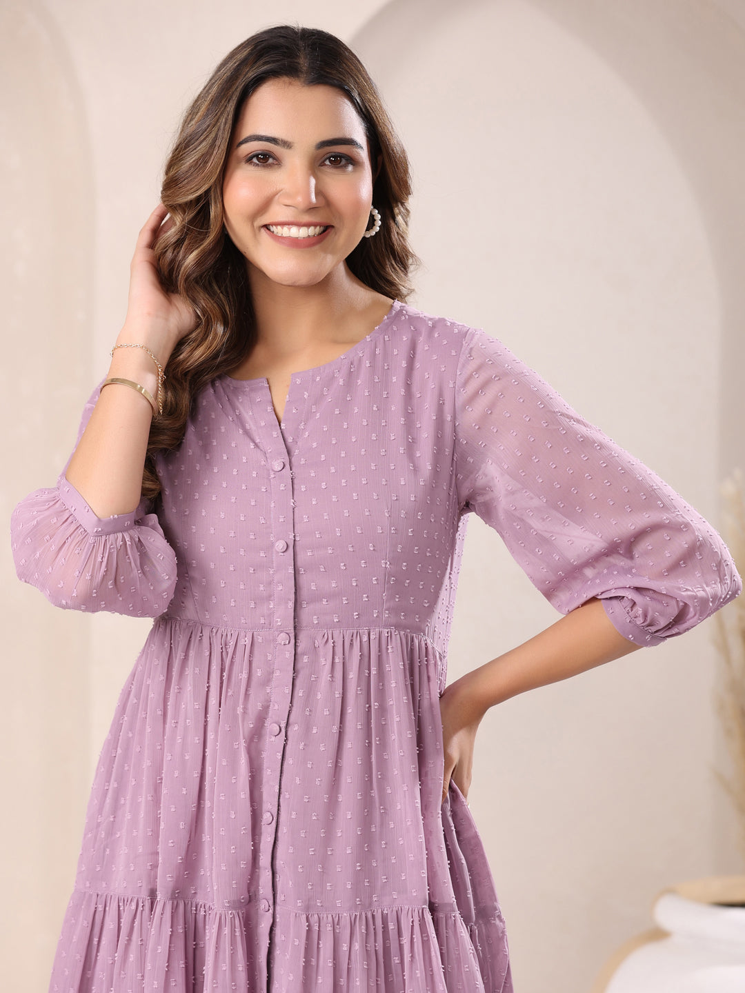 Lavender Dobby Chiffon Self Design Tiered Tunic - qivii