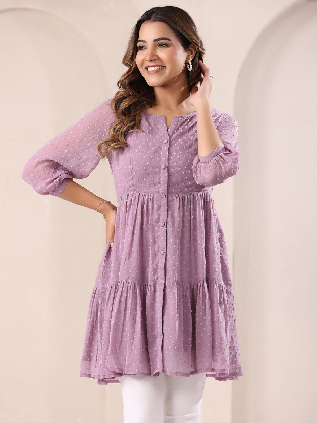 Lavender Dobby Chiffon Self Design Tiered Tunic