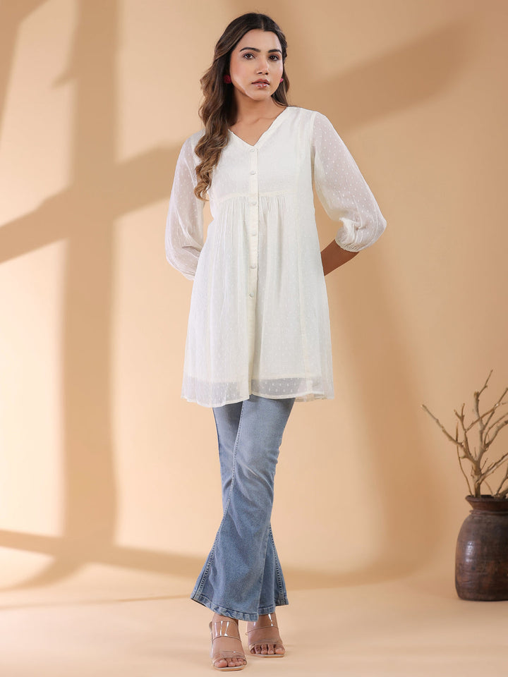 Off White Chiffon Self Design A-Line Tunic - qivii