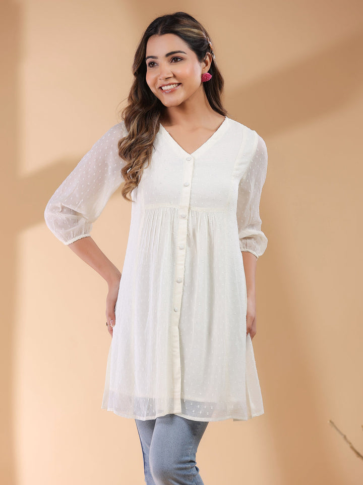 Off White Chiffon Self Design A-Line Tunic - qivii