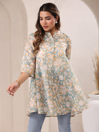 Sage Green Silk Blend Floral Printed A-line Tunic