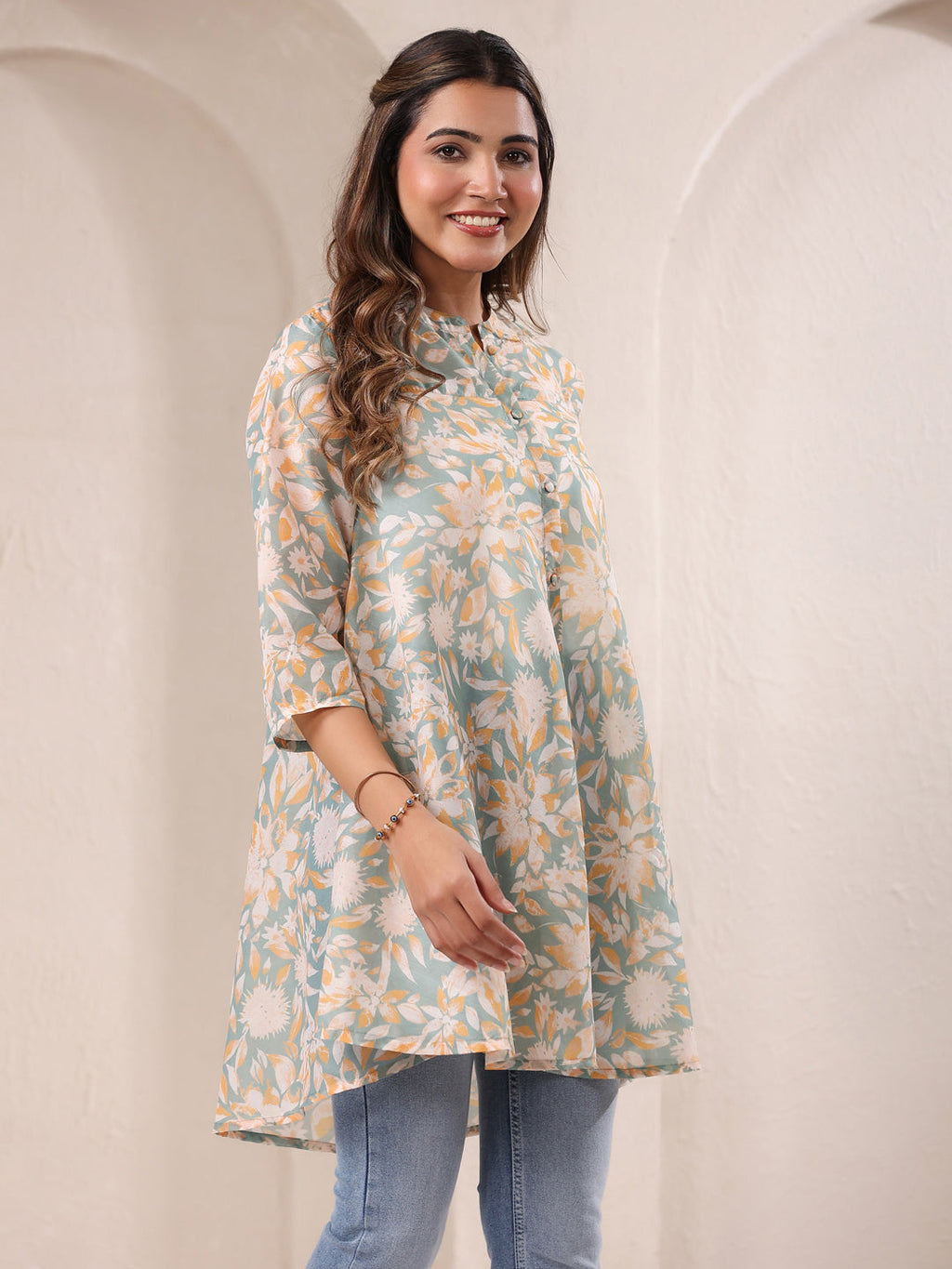 Sage Green Silk Blend Floral Printed A-line Tunic
