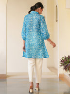 Blue Silk Blend Floral Printed A-line Tunic