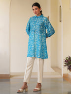 Blue Silk Blend Floral Printed A-line Tunic