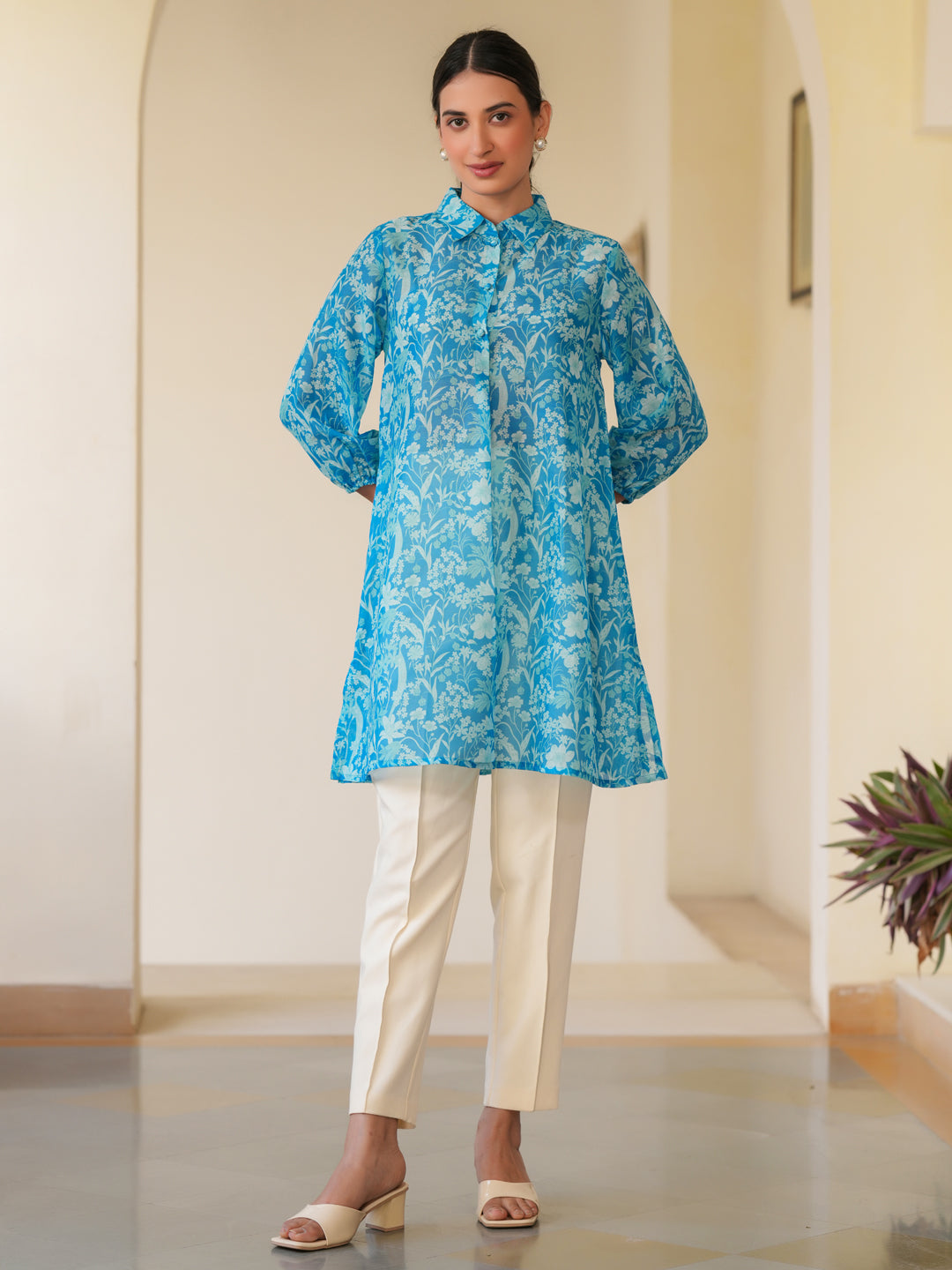 Blue Silk Blend Floral Printed A-line Tunic