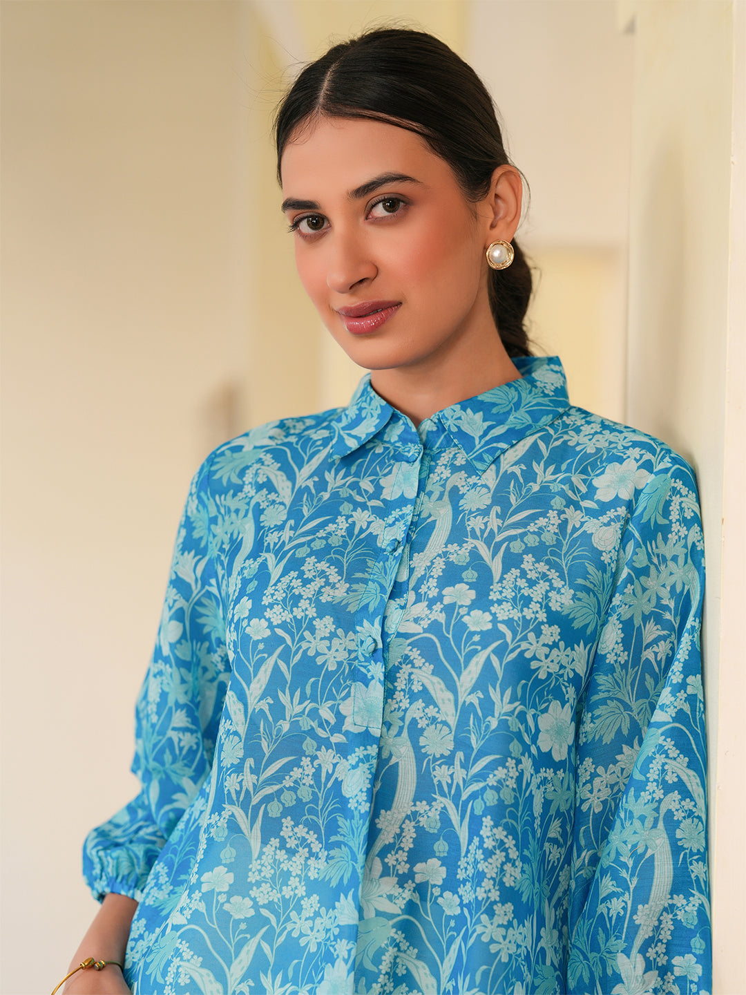 Blue Silk Blend Floral Printed A-line Tunic