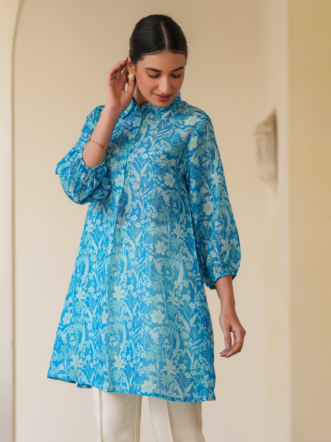 Blue Silk Blend Floral Printed A-line Tunic