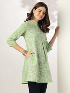 Light Green Pure Cotton Embroidered A-line Tunic