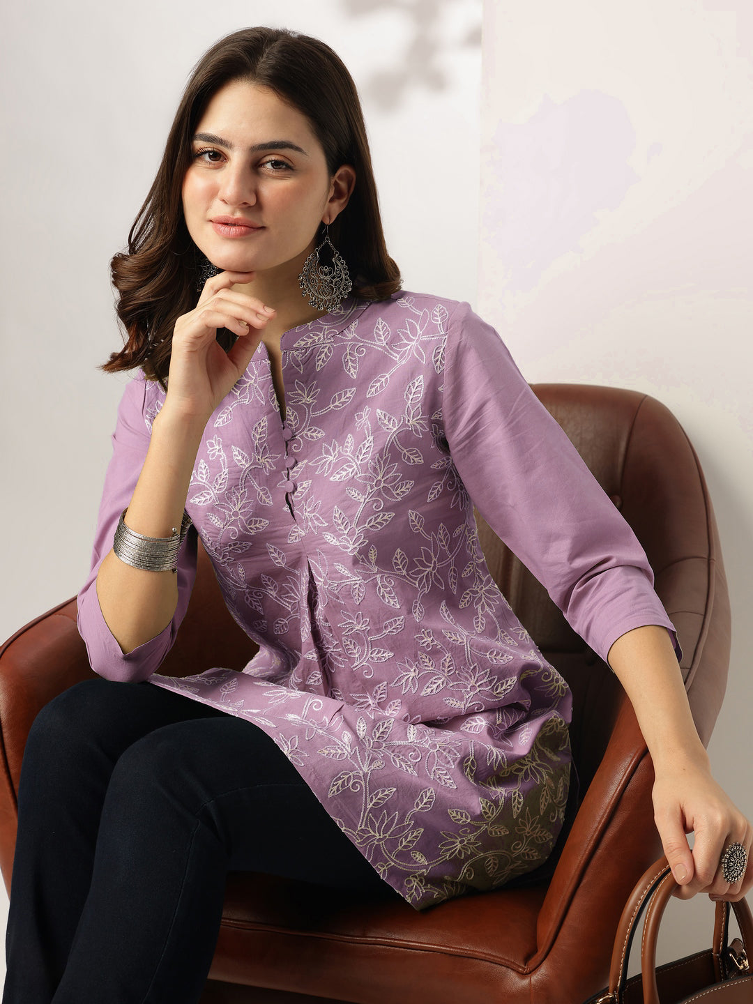 Janasya Women's Lavender Pure Cotton Chikankari Embroidered Straight Tunic - qivii