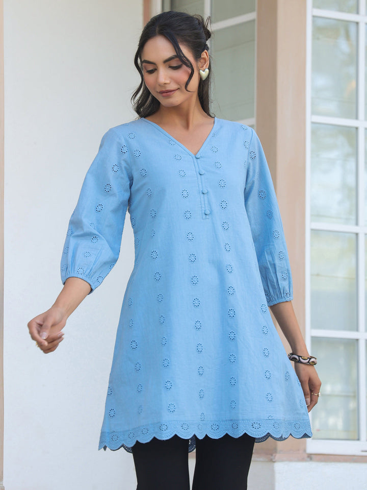Janasya Women's Light Blue Pure Cotton Schiffli Embroidered A-line Tunic - qivii
