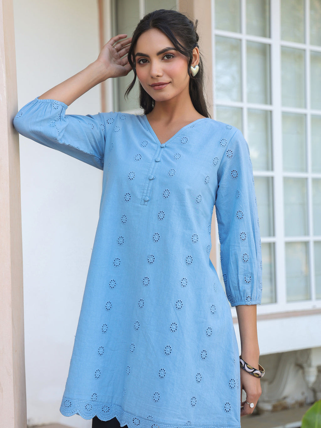 Janasya Women's Light Blue Pure Cotton Schiffli Embroidered A-line Tunic