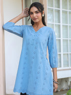 Janasya Women's Light Blue Pure Cotton Schiffli Embroidered A-line Tunic
