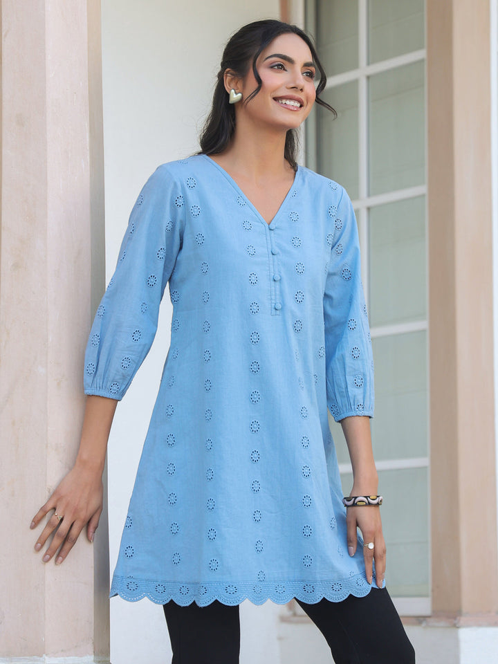 Janasya Women's Light Blue Pure Cotton Schiffli Embroidered A-line Tunic - qivii