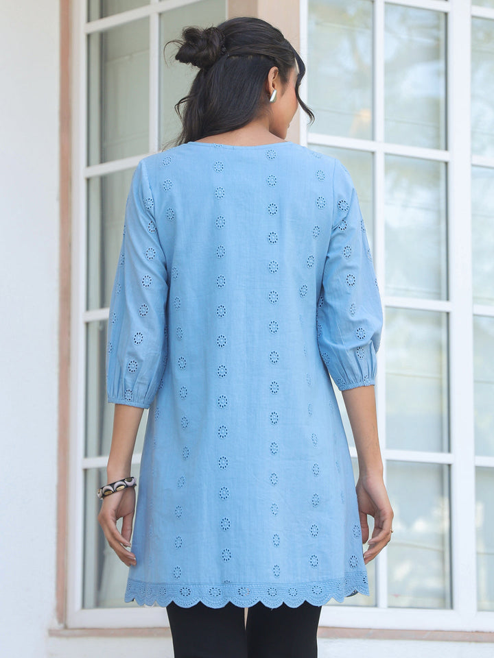 Janasya Women's Light Blue Pure Cotton Schiffli Embroidered A-line Tunic - qivii