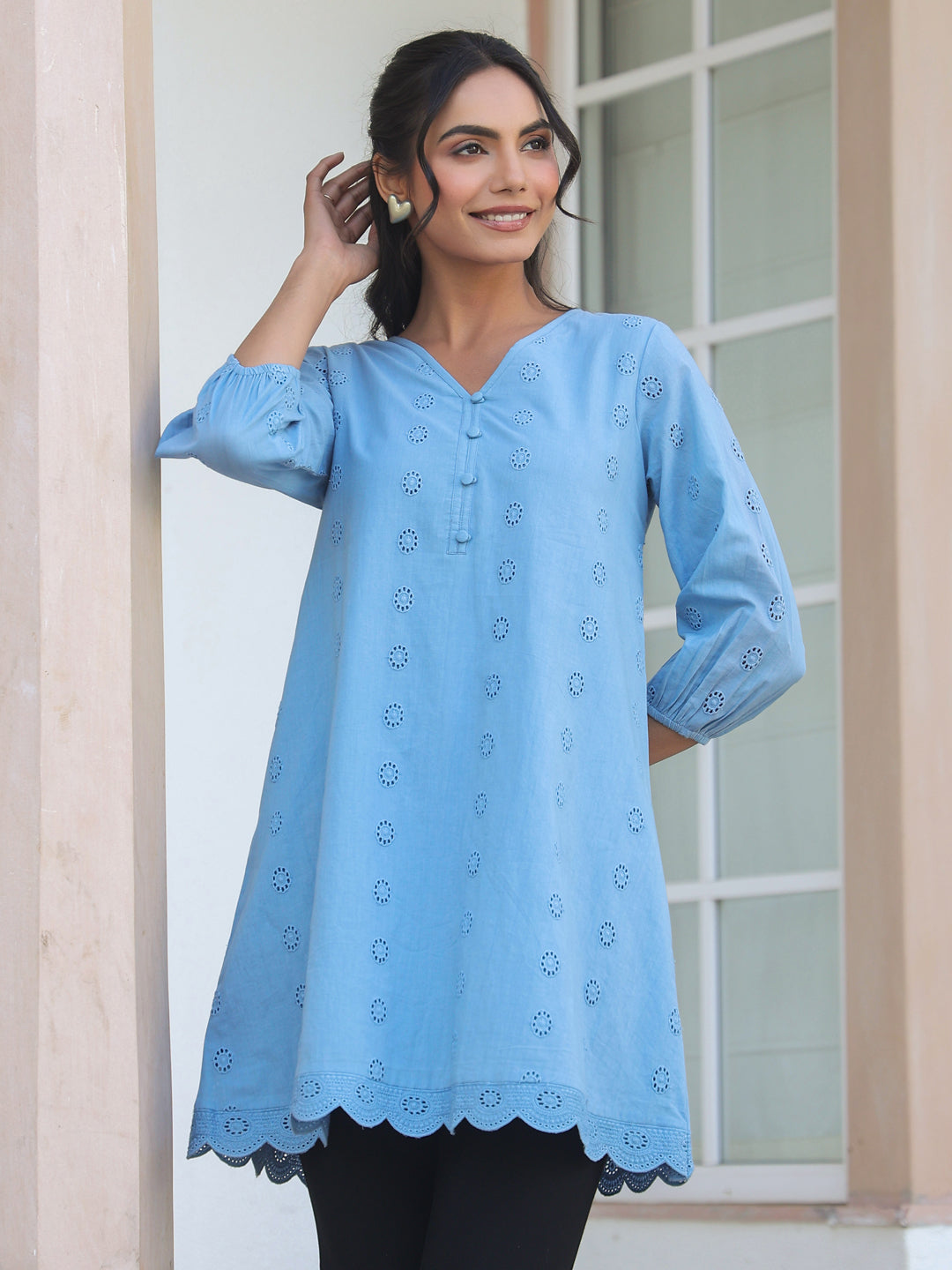 Janasya Women's Light Blue Pure Cotton Schiffli Embroidered A-line Tunic - qivii