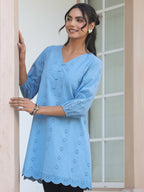 Janasya Women's Light Blue Pure Cotton Schiffli Embroidered A-line Tunic
