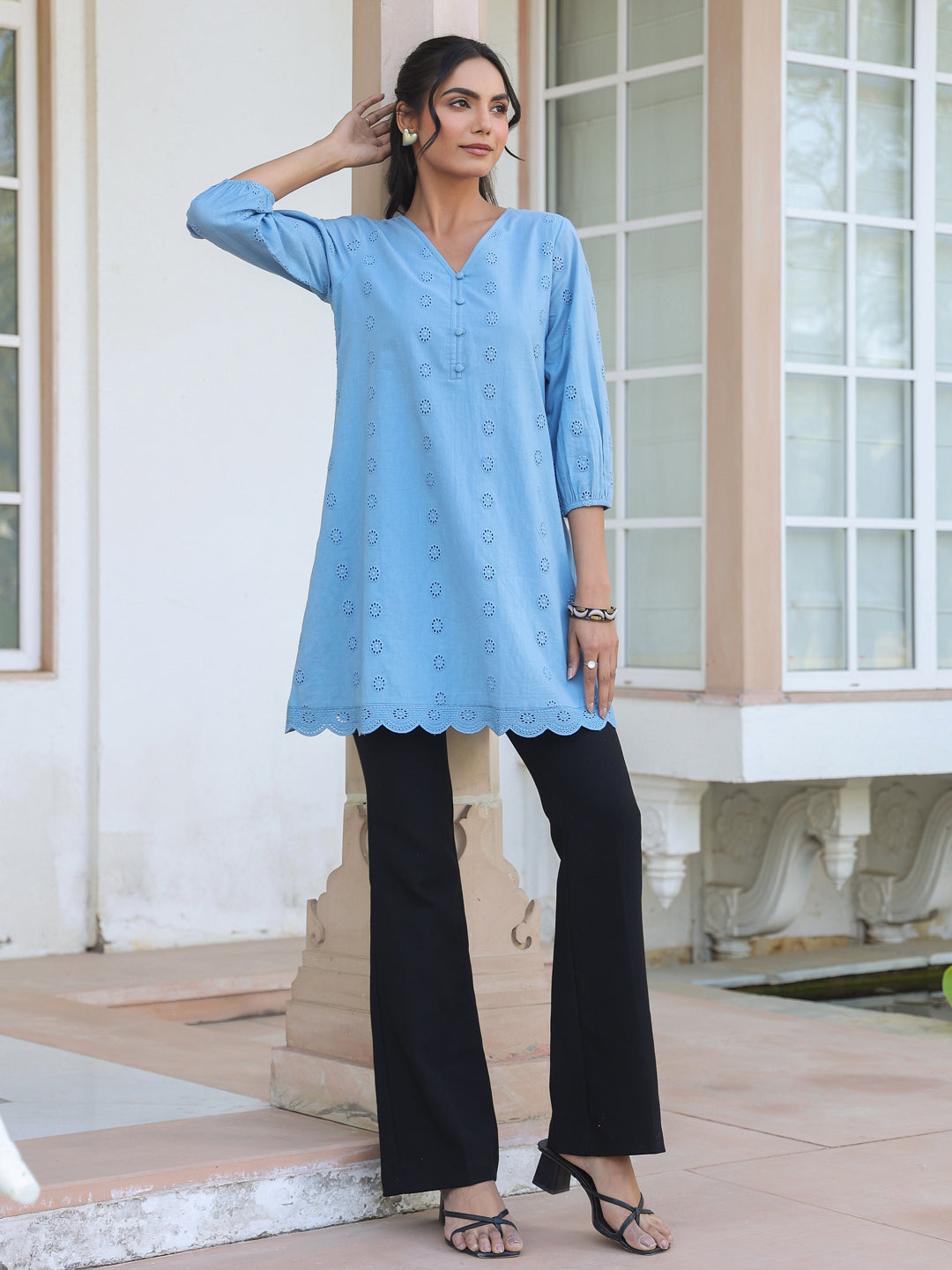 Janasya Women's Light Blue Pure Cotton Schiffli Embroidered A-line Tunic - qivii
