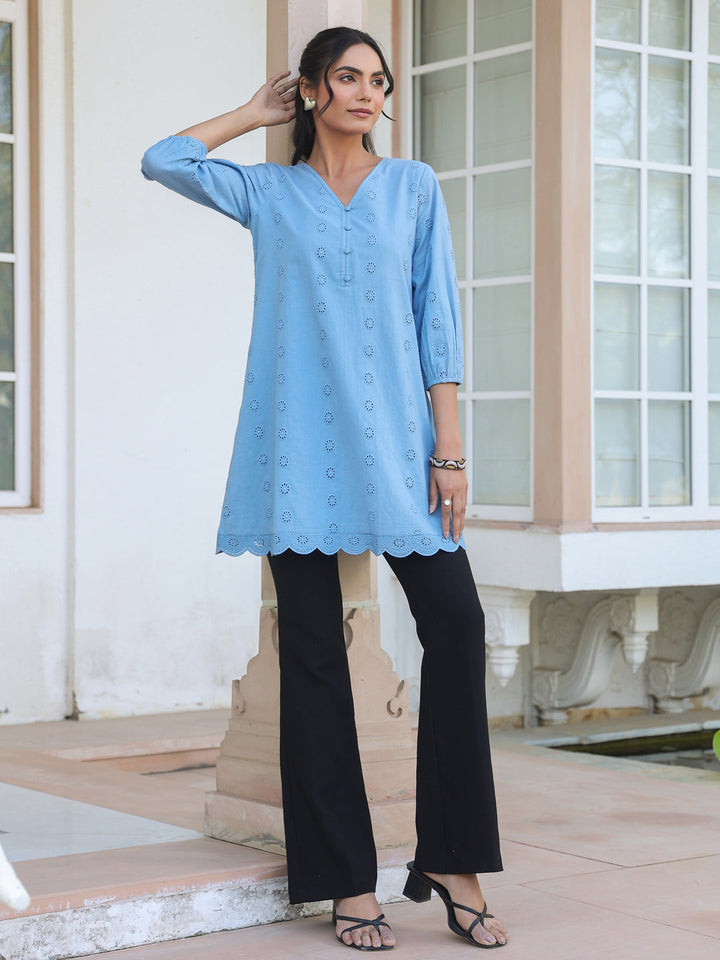 Janasya Women's Light Blue Pure Cotton Schiffli Embroidered A-line Tunic - qivii