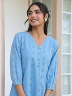 Janasya Women's Light Blue Pure Cotton Schiffli Embroidered A-line Tunic