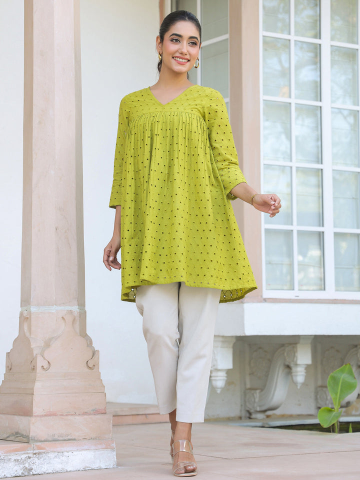 Janasya Women's Lime Green Pure Cotton Schiffli A-line Tunic - qivii