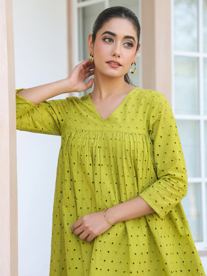 Janasya Women's Lime Green Pure Cotton Schiffli A-line Tunic - qivii