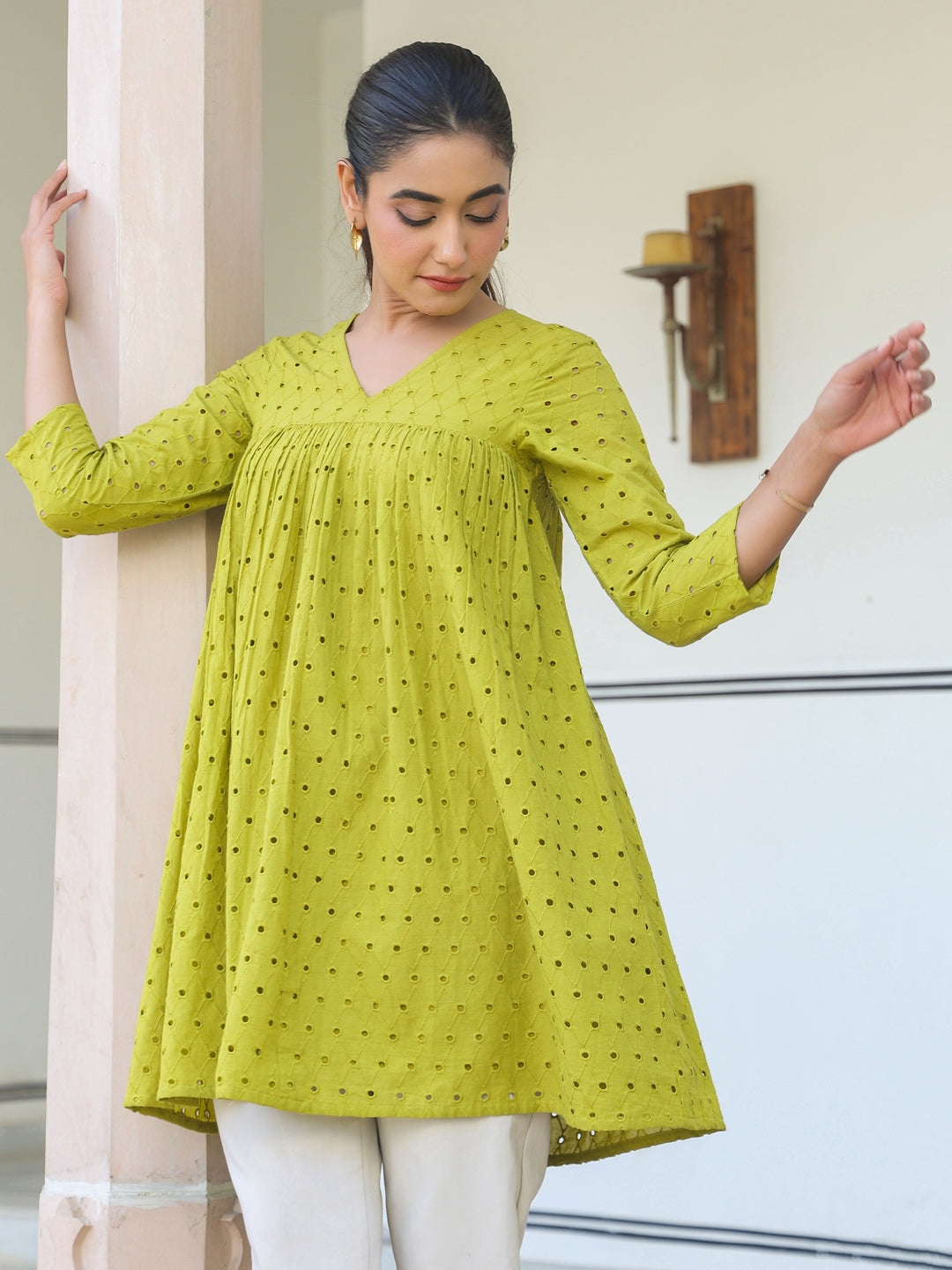 Janasya Women's Lime Green Pure Cotton Schiffli A-line Tunic - qivii