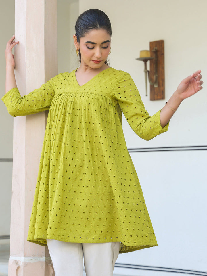 Janasya Women's Lime Green Pure Cotton Schiffli A-line Tunic - qivii