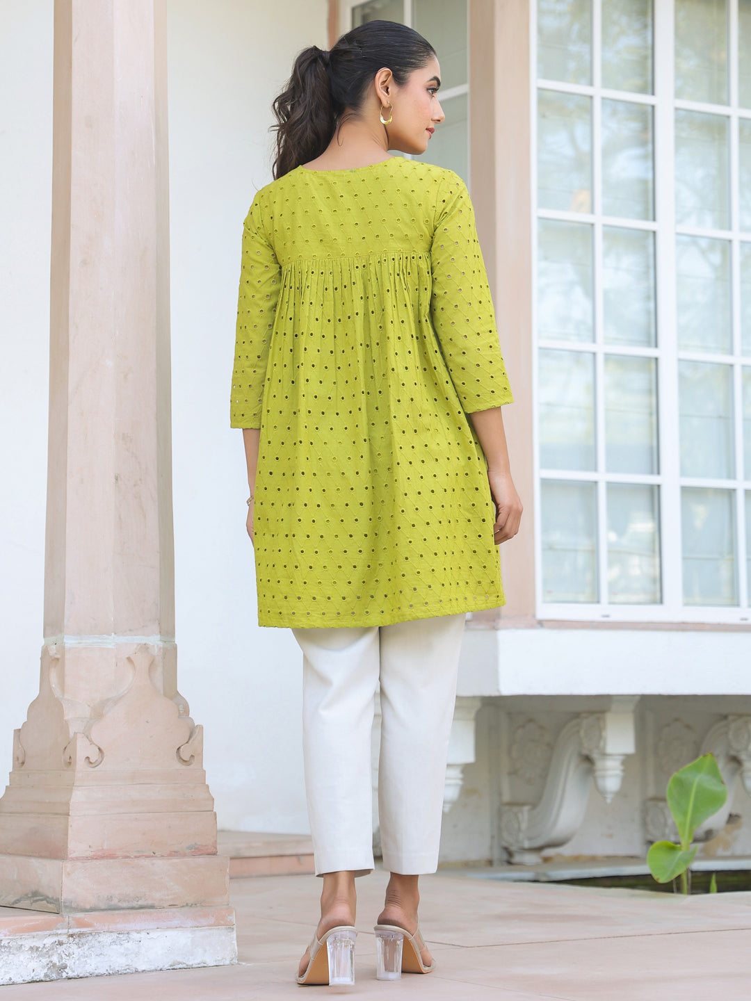 Janasya Women's Lime Green Pure Cotton Schiffli A-line Tunic - qivii