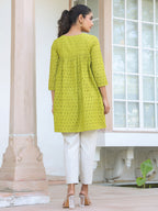 Janasya Women's Lime Green Pure Cotton Schiffli A-line Tunic