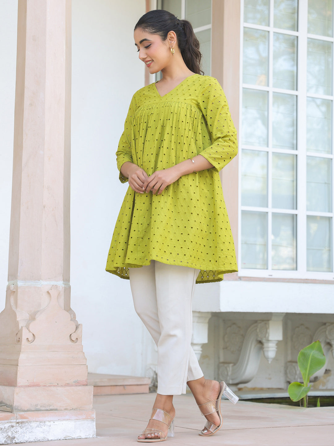 Janasya Women's Lime Green Pure Cotton Schiffli A-line Tunic - qivii