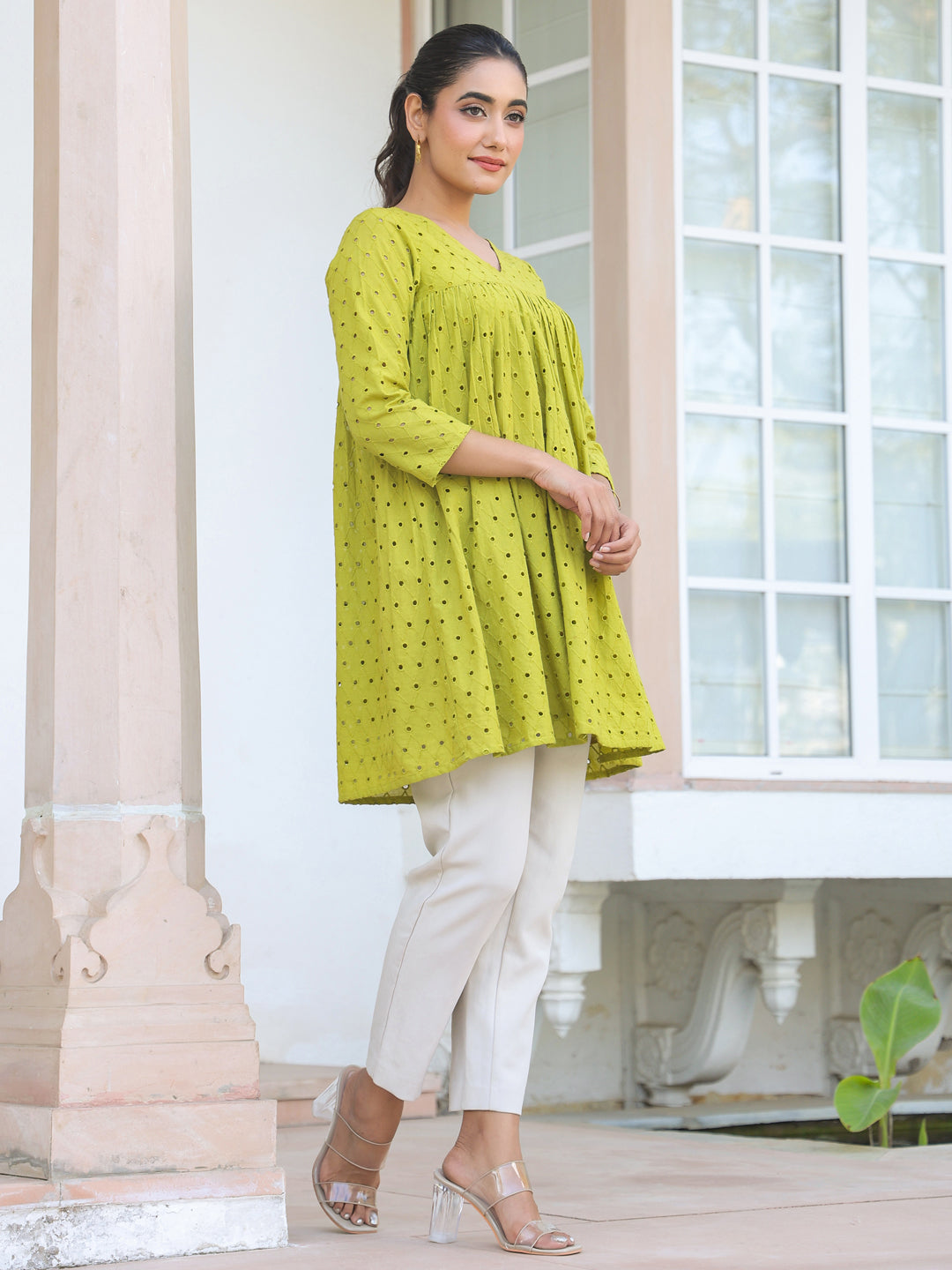 Janasya Women's Lime Green Pure Cotton Schiffli A-line Tunic