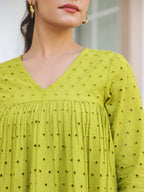 Janasya Women's Lime Green Pure Cotton Schiffli A-line Tunic