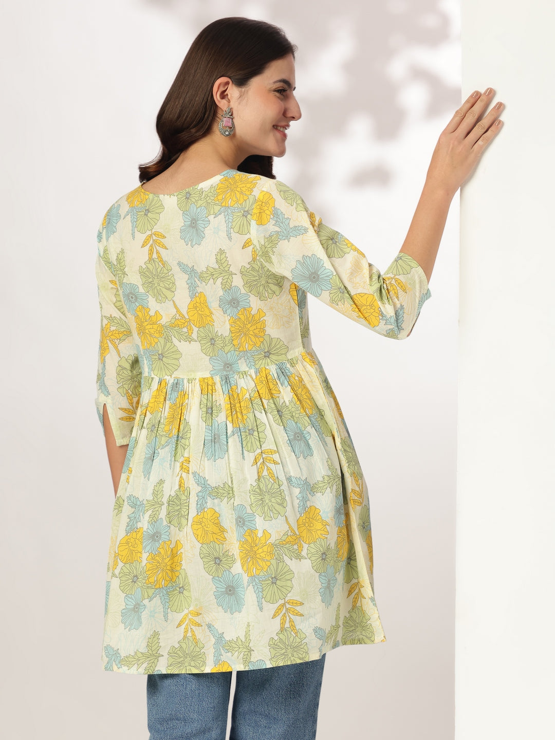 Off White Pure Cotton Floral Printed A-line Tunic For Women