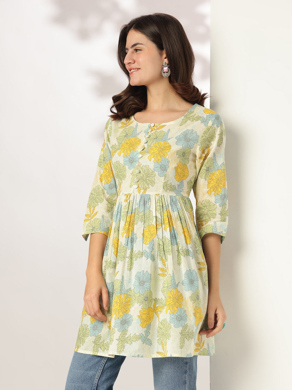 Off White Pure Cotton Floral Printed A-line Tunic For Women