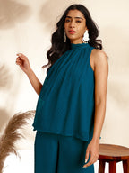 Teal Chiffon Woven Design Gathered Co-Ord Set