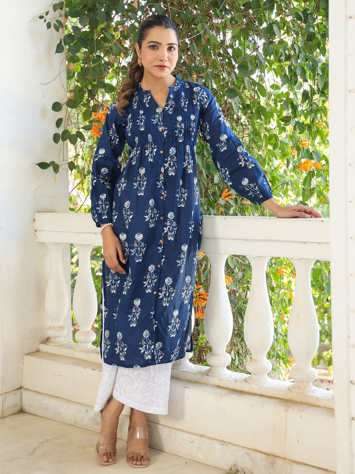 Indigo Pure Cotton Floral Printed Pleated Kurta - qivii
