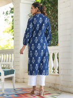 Indigo Pure Cotton Floral Printed Pleated Kurta
