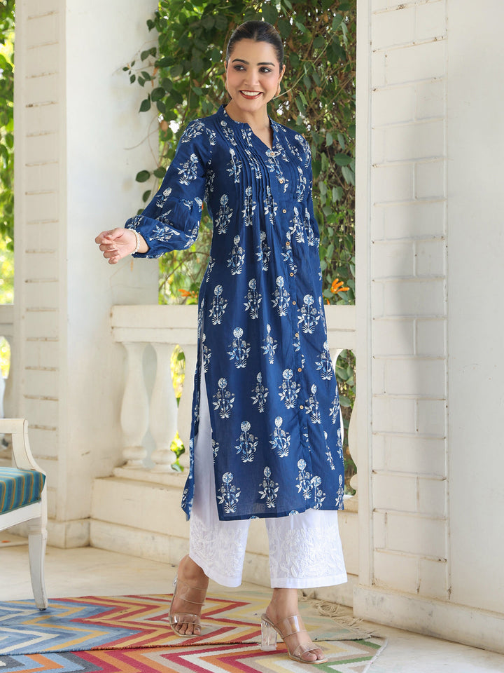 Indigo Pure Cotton Floral Printed Pleated Kurta - qivii